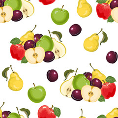 Seamless pattern with fresh fruits. Vector apple, pear and plum isolated. Food illustration in cartoon flat style. Ripe fruits background.