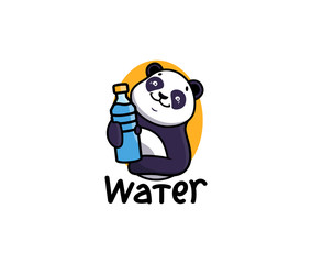 The panda with water logo. Logotype with lettering, funny animal, cartoon character, badge, sticker, emblem on white background. Vector illustration, flat, line art