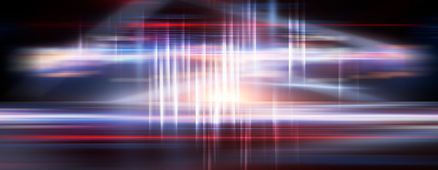 Wet asphalt, reflection of neon lights, a searchlight, smoke. Abstract light in a dark empty street with smoke, smog. Dark background scene of empty street, night view, night city.