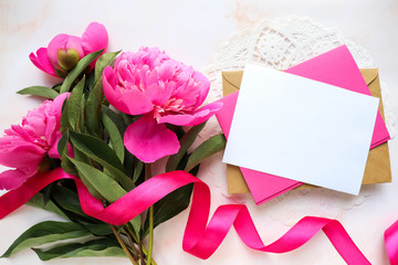 postcard mockup. delicate bouquet of pink peonies and space for text. greeting card. invitation
