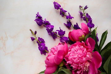 postcard mockup. delicate bouquet of pink peonies and space for text. greeting card. invitation