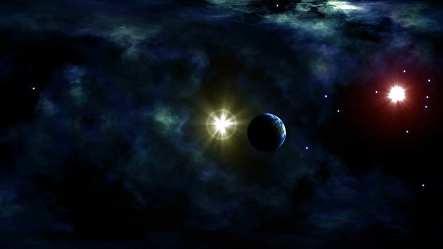 Planet from the Deep Space. In the dark sky are two bright stars, blue nebulae. A blue planet is flying and approaching from the depths. The yellow star is flickering.