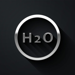 Silver Chemical formula for water drops H2O shaped icon isolated on black background. Long shadow style. Vector Illustration