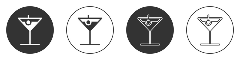 Black Martini glass icon isolated on white background. Cocktail icon. Wine glass icon. Circle button. Vector Illustration