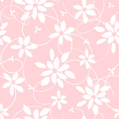 Tender floral watercolor seamless pattern with hand drawn white flowers and twirls on pink background. Botanical vector texture design for textile print, wallpaper, gift wrap, wedding invitation, card