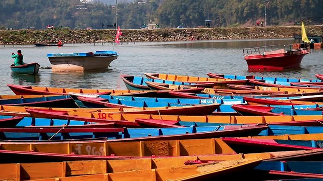 PAN Colorful wooden boats at the shore of Begnas Lake.