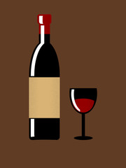 Vintage wine bottle and glass on brown background