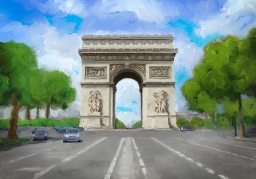Original digital painting from the triumphal arch in Paris, France