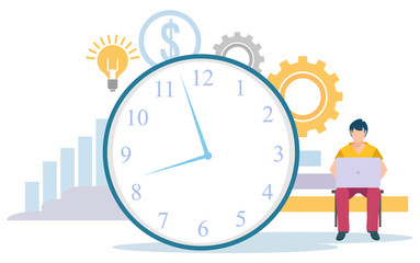 Man working with computer. Big clock with gears, dollar sign and light bulb. Time management concept, planning events, business organization vector illustration