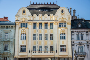 Palace of the Hungarian discounting and foreign exchange bank facade in Bratislava Old Town on Main Square, Slovakia.