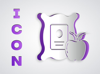 Paper cut Apple in the sack icon isolated on grey background. Apples in a canvas bag. Farmers market. Paper art style. Vector Illustration