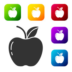 Black Apple icon isolated on white background. Fruit with leaf symbol. Set icons in color square buttons. Vector Illustration