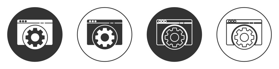 Black Browser setting icon isolated on white background. Adjusting, service, maintenance, repair, fixing. Circle button. Vector Illustration