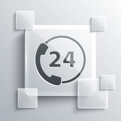 Grey Telephone 24 hours support icon isolated on grey background. All-day customer support call-center. Full time call services. Square glass panels. Vector Illustration