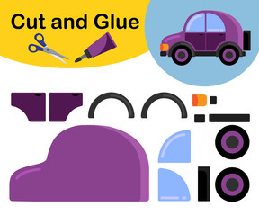 Violet. a car. applique for children. Cut and glue. preschool education. cartoon style. Easy-to-understand pictures for children. isolated on white background