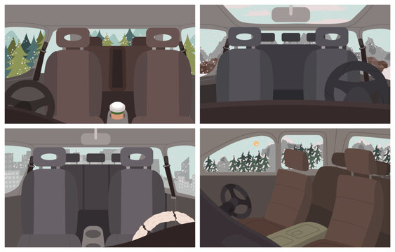 Black cars interiors, vehicles inside views. Empty automobile salon. Car cabin elements like seat for passengers, steering wheel. Trips and journey by auto. Winter landscapes and scenery vector