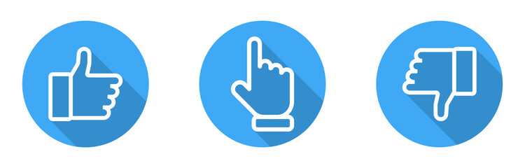 Obraz premium Thumbs up and down with pointing finger. Like and dislike vector icons, isolated. Like or Thumb up and down with pointing finger in linear design. Thumb up. Like. Dislike icon. Vector illustration