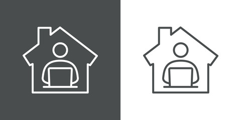 Símbolo teletrabajo. Icono plano lineal trabajador en casa en fondo gris y fondo blanco © teracreonte