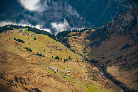 Scenic view of a highland village in a valley of the Swiss Alps in Lauterbrunnen, Switzerland