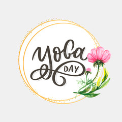 Lettering Yoga. Vector background International Yoga Day. Vector design for poster, T-shirts, bags. Yoga typography. Vector elements for labels, logos, icons, badges.