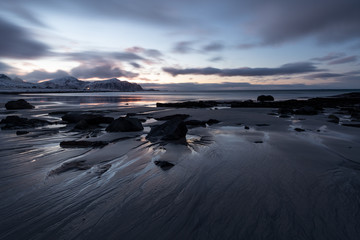 Sunset Light River Structure on Sand of a Beach at Lofoten, Norway