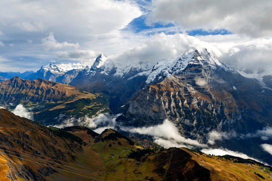 Scenic view of the Jungfrau, one of the main summits of the Bernese Alps in Switzerland, together with the Eiger and the Monch seen from Lauterbrunnen