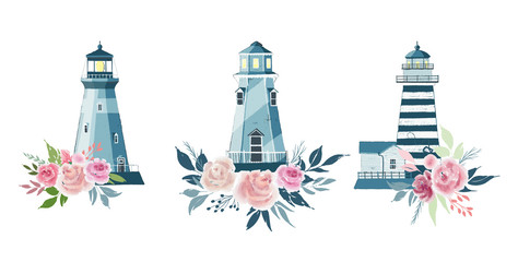 Fototapeta na wymiar Cute vector set of lighthouses and floral arrangements