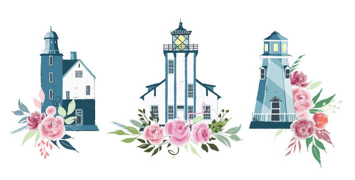 Hand drawn set of lighthouses and flowers compositions