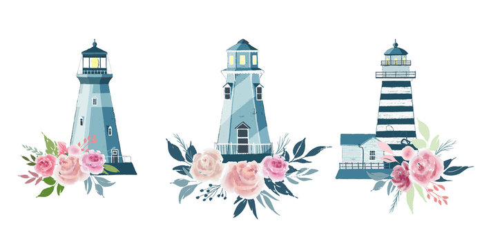 Cute vector set of lighthouses and floral arrangements