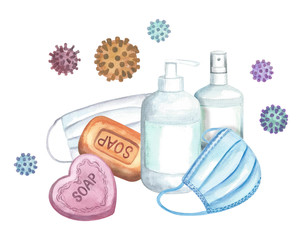 Watercolor set of illustrations "security measures against the Covid-19 epidemic." Medical mask, soap, disinfectant, coronavirus and home (stay at home!). For printed and electronic media.