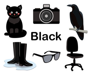 Black color. A set of cards for classes with children. the study of colors. preschool education. The collection includes a cat, an office chair, rubber boots, a raven, a camera, glasses. 