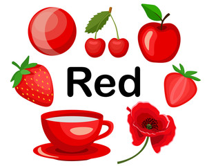 
Red color. objects of red color. education of children. The set includes strawberries, cherries, a cup, a ball, a poppy flower, an apple. vector illustration cartoon style.