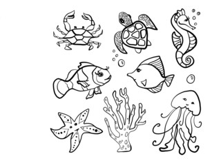 Cute Sea Animals and Fish. Funny Doodle Style Vector Sketches. Cartoon Characters. Simple Design