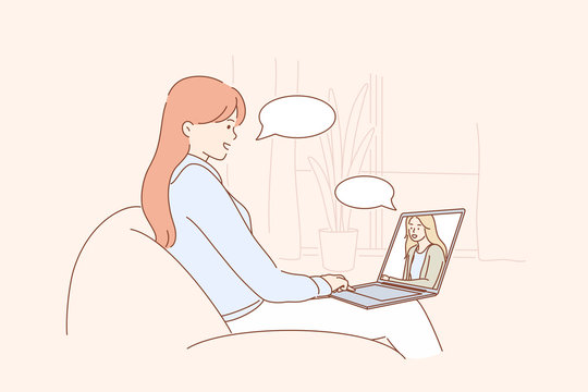 Communication, freelance, video conference business concept. Young woman or girl freelancer cartoon character sitting on chair at home talking with friend online. Remote work at isolation illustration