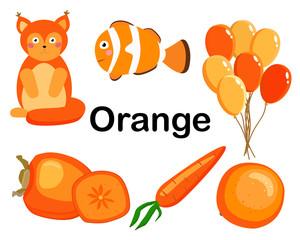 Orange color. A set of pictures for the development of the child. preschool education. The collection includes persimmons, carrots, squirrels, balls, orange clown fish. Cartoon style vector illustrati