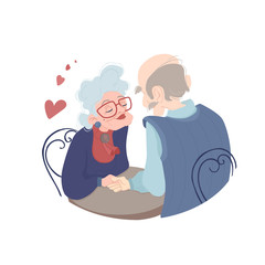 Poster Elderly people sit at the table and gently hold hands.The inscription Take care of each other. Stay at home.Quarantine together, prevention of coronavirus COVID-19.Vector poster in a flat style