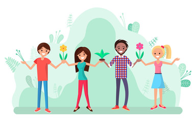 Man and woman holding flowers in hands vector, people preserving nature. Characters smiling, flora and natural plants blooming and flourishing tulip