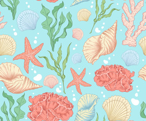 marine seamless pattern with corals, shells and algae