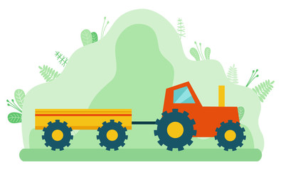 Tractor with trailer, agricultural vehicle, seasonal work. Harvesting machine, countryside sign, accumulation and attraction of capital, transport vector