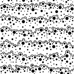 Soap bubbles. Sea and ocean waves. Seamless pattern. Cleaning concept. Water background. Wavy seacoast with bubbles. Design prints. Black and white river backdrop. Summer seascape. Vector illustration