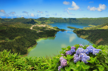 Aerial view Lake Azul and Lake Verde, Sete Cidades, Sao Miguel Island, Azores Portugal © Rechitan Sorin