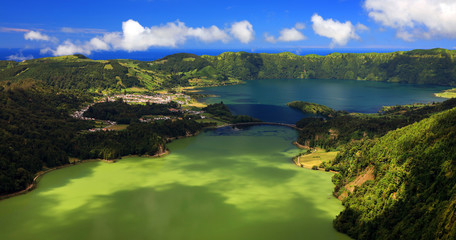 Naklejka premium Aerial view Lake Azul and Lake Verde, Sete Cidades, Sao Miguel Island, Azores Portugal