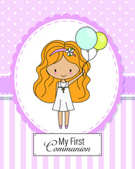 First communion card. Little girl with colored balloons	