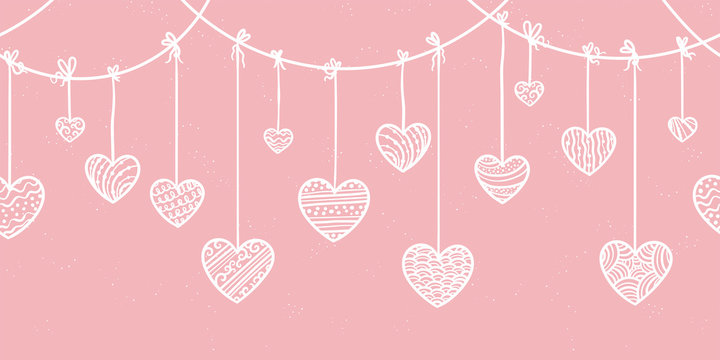 Cute hand drawn horizontal seamless doodle hearts garland, hanging hearts, great for Valentines or Mother's Day designs, banners, wallpapers - vector design