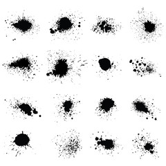Fototapeta premium Set of black blots and ink splashes isolated on white. Abstract fluid elements for grunge design style. Jpeg Symbol illustration
