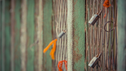 Padlock locked onto rusty fence with green divider