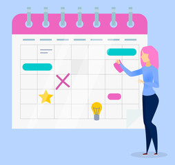 Woman stand near calendar with information to remember about agenda. Lady planning and putting events in planner. Lady near her monthly plan. Vector illustration of organizer, reminder in flat style