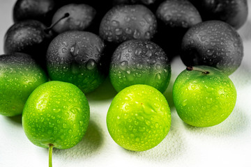 Close-up macro fresh green sour plum. Greengage on white background.  Colorful, black and white.  Creative concept.