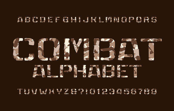 Combat alphabet font. Camo stencil letters and numbers on a dark background. Vector typescript for your design.