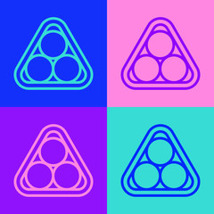 Pop art line Billiard balls in a rack triangle icon isolated on color background. Vector Illustration